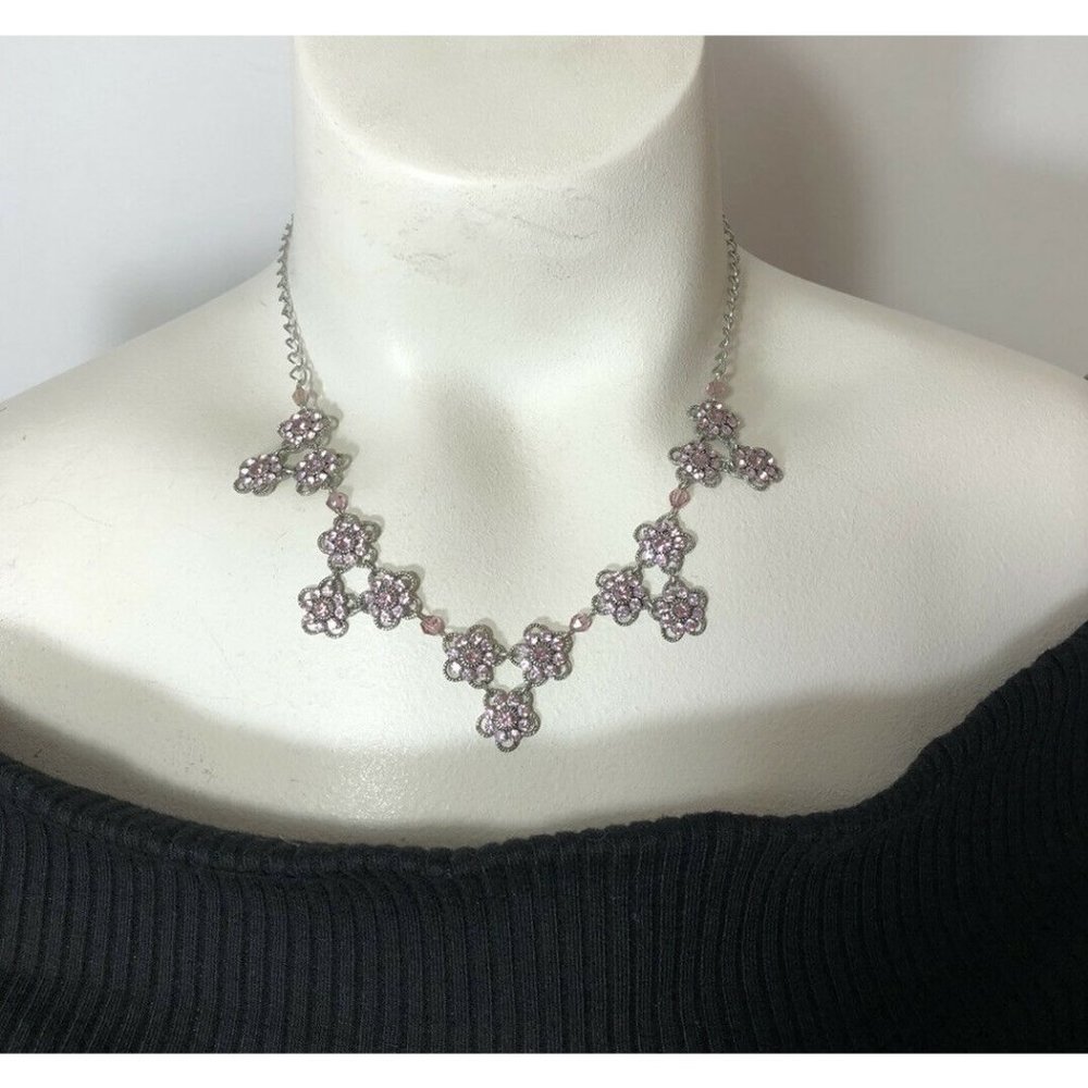 Pink Rhinestone Flowers Necklace Earrings Set